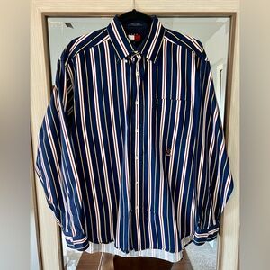 VTG 90S TOMMY HILFIGER EMBROIDERED CREST BLUE MEN BUTTON SHIRT SIZE MEDIUM CRISP